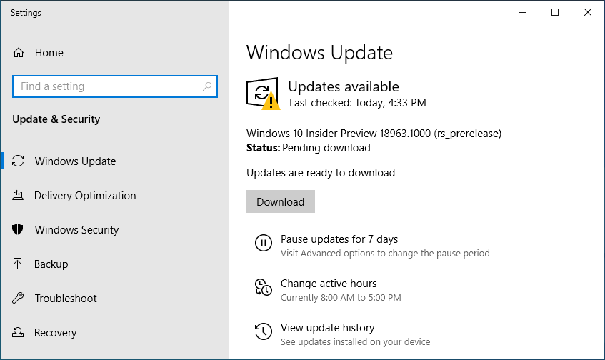 Windows 10 Insider Preview Build 18963 (20H1)